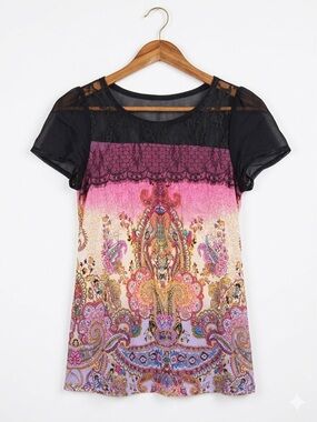 Bila NWOT Boho Colorful Paisley Lace-Accent Blouse